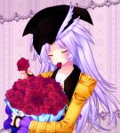  alternate_costume bad_id closed_eyes eyes_closed final_fantasy final_fantasy_ix fingerless_gloves flower gloves hat kuja long_hair male minatosaiga nail_polish petals purple_hair red_rose rose solo trap 