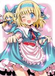  alice_margatroid blonde_hair blue_eyes doll dress dress_lift gibuchoko hair_ribbon hairband matching_shanghai open_mouth ribbon shanghai_doll slip_skirt smile touhou wink 