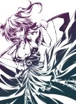  breasts cleavage hair_bobbles hair_ornament highres large_breasts monochrome onozuka_komachi oushi scythe short_hair short_twintails solo touhou twintails two_side_up 