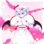  bat_wings blue_hair bouquet dress flower frills hat highres meracle petals red_eyes red_rose remilia_scarlet ribbon rose rose_petals smile solo touhou wings wrist_cuffs 