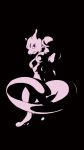 black_background creature foreshortening looking_at_viewer looking_back mewtwo monochrome monster no_humans pokemon pokemon_(creature) purple_eyes satou_mami simple_background solo spot_color violet_eyes 
