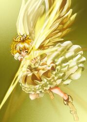  alternate_costume angel_wings blonde_hair boots cure_angel cure_pine curegolgom dress fresh_precure! frills hair_ornament hair_ribbon hairpin heart magic magical_girl precure ribbon ruffles short_hair side_ponytail solo wings yamabuki_inori yellow yellow_eyes 