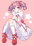  arm_up bobby_socks bow bubble_skirt frills gathers gloves hair_bow highres kaname_madoka magical_girl mahou_shoujo_madoka_magica mary_janes panties pink_background pink_eyes pink_hair sama shoes short_hair short_twintails simple_background sitting smile socks solo star striped striped_panties twintails underwear 