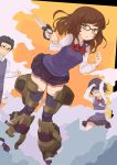  brown_hair glasses green_eyes highres original pleated_skirt school_uniform scissors skirt tarayama thigh-highs thighhighs thumbs_up yuki_taru 