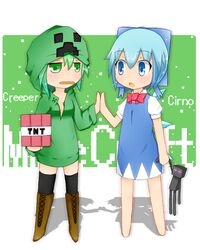  :| black_legwear blue_eyes blue_hair blush boots bow cirno creeparka creeper doll dress enderman green_eyes hoodie minecraft mizune_(winter) open_mouth pixels shadow short_hair sweater thighhigh_stockings thighhighs tnt touhou wings 