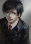  ao_no_exorcist black_hair blazer glasses green_eyes male mole necktie okumura_yukio pin school_uniform short_hair solo striped striped_necktie yunvshen 