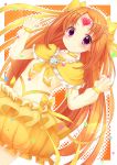  bow brooch brown_hair bubble_skirt choker cure_muse cure_muse_(yellow) dress dutch_angle frilled_skirt frilled_sleeves frills hair_ornament halftone halftone_background heart highres if_(asita) jewelry long_hair magical_girl orange_(color) orange_background orange_hair precure purple_eyes ribbon shirabe_ako solo suite_precure tiara violet_eyes yellow yellow_dress yellow_ribbon 