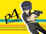 androgynous bad_id blue-framed_glasses blue_hair cabbie_hat cable cord foreshortening glasses grey_eyes gun handgun hat hiiro_(kikokico) holding houndstooth long_sleeves looking_at_viewer persona persona_4 reverse_trap revolver school_uniform shirogane_naoto short_hair snubnose solo striped striped_background text title_drop weapon yellow_background 