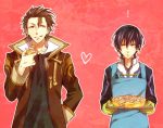  2boys :q alvin_(tales_of_xillia) apron bberry black_hair brown_eyes brown_hair jude_mathis male mittens multiple_boys pie pink_background scarf tales_of_(series) tales_of_xillia tongue yellow_eyes 