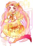  :d boots bow brooch bubble_skirt choker circlet cure_muse cure_muse_(yellow) dress earrings frills happy heart hoe_satsuki jewelry kneeling long_hair magical_girl open_mouth orange_hair precure red_eyes ribbon shirabe_ako smile solo suite_precure treble_clef 