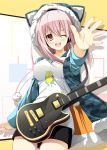  animal_ears blush electric_guitar guitar hoodie instrument nitroplus open_mouth pink_eyes pink_hair solo sonico super_sonico wink yuuki_makoto 