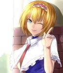  alice_margatroid ant_of_spirit aqua_eyes blonde_hair brick_wall bust capelet dress hairband hands index_finger_raised lips necktie pointing pointing_up raised_finger short_hair smile solo sunlight touhou wink 