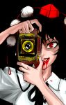  aya_shameimaru black_hair blood blood_on_face blood_on_mouth brand_name_imitation camera dc_comics english evil_grin evil_smile eyelashes fangs grin hat lee-ham parody red_eyes ribbon shameimaru_aya short_hair smile tengu the_joker the_killing_joke touhou 