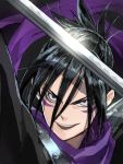  1boy black_hair facial_mark indesign katana male onepunch_man onsoku_no_sonic short_hair solo sword violet_eyes weapon 