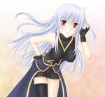  fingerless_gloves gloves lyrical_nanoha mahou_shoujo_lyrical_nanoha mahou_shoujo_lyrical_nanoha_a&#039;s mahou_shoujo_lyrical_nanoha_a's red_eyes reinforce silver_hair single_thighhigh sooichi_(diabolicemission) thighhighs 