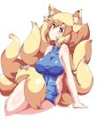  alternate_costume animal_ears arm_support bare_shoulders blonde_hair blush bottomless breasts brown_eyes chinese_clothes erect_nipples fox_ears fox_tail large_breasts moisture moisture_(chichi) multiple_tails naked_tabard no_bra short_hair simple_background solo tabard tail touhou white_background yakumo_ran 