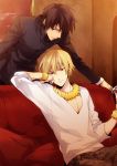  bad_id blonde_hair bracelet brown_hair cross cup fate/stay_night fate/zero fate_(series) gilgamesh jewelry kotomine_kirei male multiple_boys necklace red_eyes wine wine_glass xia_(ryugo) 