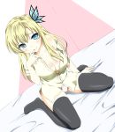  blonde_hair blue_eyes boku_wa_tomodachi_ga_sukunai breasts butterfly_hair_ornament cleavage finger_to_mouth hair_ornament kashiwazaki_sena kneeling large_breasts long_hair off_shoulder on_bed open_clothes open_shirt panties school_uniform shirt smile solo thigh-highs thighhighs tom_(tom0315) underwear 