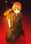  blonde_hair business_suit excalibur fate/stay_night fate/zero fate_(series) fate_stay_zero formal glowing glowing_weapon kneeling necktie saber shirabi_(life-is-free) suit sword weapon 