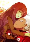  1girl aoto0000 archer bad_id carrying dark_skin fate/extra fate/stay_night fate_(series) female_protagonist_(fate/extra) flower grey_eyes hug white_hair 