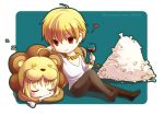  animal_costume blonde_hair bone chibi fate/stay_night fate/tiger_colosseum fate_(series) gilgamesh heart jewelry necklace red_eyes saber_lion short_hair sleeping wine xinya 