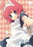  :q ahoge animal_ears apron argyle argyle_background blue_dress blue_eyes cat_ears dress holding licking_lips maid maid_headdress mouse original red_hair redhead short_hair solo tongue wrist_cuffs yuzuki_gao 