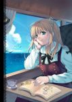  absurdres bird blonde_hair book bookmark cloud copyright_request cup curtains green_eyes hair_ribbon hand_on_face hand_on_own_cheek hand_on_own_face highres kodamasawa_izumi lamp lens_flare long_hair ocean ribbon sky solo sparkle teacup two_side_up water window 