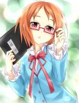  :o adjusting_glasses blazer blurry blush book bow bowtie brown_hair bust buttons depth_of_field embarrassed flat_chest frills glasses green_background holding keikotsu looking_at_viewer open_mouth orange_hair precure red-framed_glasses red_eyes ribbon school_uniform semi-rimless_glasses shirabe_ako short_hair solo suite_precure surprised under-rim_glasses 