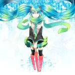  aqua_eyes aqua_hair bad_id boots detached_sleeves floating_hair hatsune_miku headphones knee_boots long_hair miyake_achi necktie rubber_boots scarf skirt smile solo thigh-highs thighhighs twintails umbrella very_long_hair vocaloid 