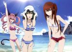  3girls :d animal_ears arm_up armpits beach bikini black_hair blue_eyes bracelet breasts brown_hair cat_ears cat_tail cleavage cliff cloud drill_hair faris_nyannyan front-tie_top green_eyes hair_flower hair_ornament hairband hand_on_hip hand_on_thigh hat jewelry light_smile long_hair makise_kurisu multiple_girls navel open_mouth pink_eyes pink_hair polka_dot polka_dot_bikini polka_dot_swimsuit shiina_mayuri short_hair shorts sky smile steins;gate striped_bikini striped_swimsuit stripes sun swimsuit tail twintails water waving wink 