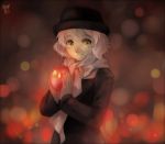  candle emily_(meago) green_eyes hat light_smile long_sleeves meago original scarf short_hair signature solo white_hair 