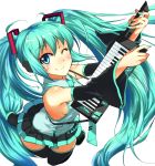  absurdres ahoge aqua_eyes aqua_hair blush breasts hatsune_miku highres instrument intrument keytar long_hair nail_polish necktie nickq sideboob skirt smile solo thigh-highs thighhighs twintails very_long_hair vocaloid wink zettai_ryouiki 