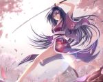  atomix bare_legs barefoot black_hair blue_eyes building cherry_blossoms cherry_trees copyright_request japanese_clothes katana kimono lens_flare long_hair solo sword watermark weapon web_address 