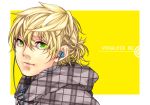  bad_id blonde_hair close-up earbuds earphones green_eyes hoodie kagamine_len male manogiichi short_hair smile solo vocaloid yellow 