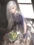  bad_id bouquet flower frills gathers grey_eyes hair_flower hair_ornament highres lips long_hair looking_at_viewer original pomodorosa risa_hibiki silver_eyes sitting solo white_hair 