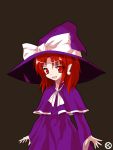  alphes_(style) capelet earrings hat hat_ribbon jewelry kaoru_(gensou_yuugen-an) kirisame_marisa kirisame_marisa_(pc-98) open_mouth parody pointy_ears red_eyes red_hair redhead ribbon short_hair simple_background solo style_parody touhou touhou_(pc-98) witch witch_hat 