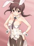  animal_ears bare_shoulders black_legwear blush breasts brown_eyes brown_hair bunny_ears bunny_girl bunnysuit detached_collar gertrud_barkhorn hairband hands_on_hips iron_cross long_hair miritsu mirutsu_(milts) pantyhose solo strike_witches wrist_cuffs 