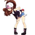  1girl baseball_cap bent_over blue_eyes boots brown_hair denim denim_shorts hand_on_hip hat holding holding_poke_ball payot poke_ball pokemon pokemon_(game) pokemon_black_and_white pokemon_bw ponytail shiozake shorts smile touko_(pokemon) vest 