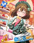  1girl ^_^ blush brown_hair character_name closed_eyes cupcake eating food food_on_face hat idolmaster idolmaster_million_live! musical_note nagayoshi_subaru official_art pastry signature 