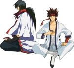  bad_id bandage bandages black_hair blue_eyes brown_eyes brown_hair chest fingerless_gloves gloves hachimaki headband hiko_seijuurou long_hair male multiple_boys nazumi_junko open_clothes open_shirt rurouni_kenshin sagara_sanosuke sakazuki sarashi shirt short_hair sitting smile white_background 