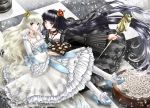  black_dress black_hair black_vs_white bow checkered checkered_floor chess chocolate choker crown doily dress frilled_sleeves high_heels jewelry lolita_fashion long_hair multiple_girls necklace original shiitake_(gensoudou) shoes sweets white_dress white_hair wide_sleeves 