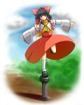  ascot balancing black_hair bow brown_eyes cloud detached_sleeves hair_bow hair_tubes hakurei_reimu highres miko open_mouth outstretched_arms perfect_cherry_blossom scarf solo sora_no_amagumo spread_arms standing_on_one_leg touhou 