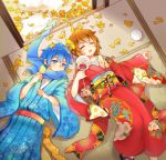  1girl blue_eyes blue_hair brown_hair chrysanthemum fan flower from_above japanese_clothes kaito kimono leaf lying meiko on_back scarf seigaiha short_hair vocaloid xing 