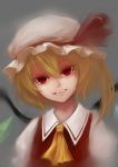 absurdres ascot blonde_hair bust close-up fangs flandre_scarlet grey_background hat hat_ribbon head_tilt highres open_mouth portrait red_eyes revision ribbon short_hair signature simple_background slit_pupils smile sola7764 solo the_embodiment_of_scarlet_devil touhou wings 