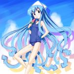  blue_hair hat hayama_yuujirou ikamusume long_hair one-piece_swimsuit popsicle school_swimsuit shinryaku!_ikamusume suika_bar swimsuit tentacle_hair watermelon_bar 