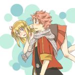  1girl blonde_hair blush carrying couple erinan fairy_tail lucy_heartfilia natsu_dragneel over_shoulder person_over_shoulder pink_hair scarf skirt 