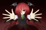  artist_request bat_wings dress_shirt foreshortening frown frowning green_tie hair_over_one_eye head_wings k285k koakuma long_hair long_sleeves necktie outstretched_arms pov red_eyes red_hair sad shirt skirt skirt_set solo tears the_embodiment_of_scarlet_devil touhou very_long_hair vest wings 