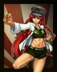  alternate_costume bare_legs blue_eyes braid breasts camouflage chinese_clothes cleavage crop_top fighting_stance hat hong_meiling linistic long_hair midriff navel open_clothes open_shirt red_hair redhead rising_sun shirt shorts solo standing_on_one_leg star tank_top touhou twin_braids woodland_pattern 