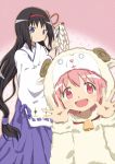  2girls :d akemi_homura animal_costume bell black_hair hair_ribbon horns kaname_madoka lieass long_hair looking_at_viewer mahou_shoujo_madoka_magica multiple_girls open_mouth pink_eyes pink_hair ribbon sheep_costume short_hair smile violet_eyes 