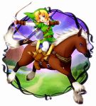  bad_id blonde_hair boots bow_(weapon) earrings epona fingerless_gloves gloves green_eyes hat horse jewelry link male minatosaiga pointy_ears short_hair the_legend_of_zelda weapon 